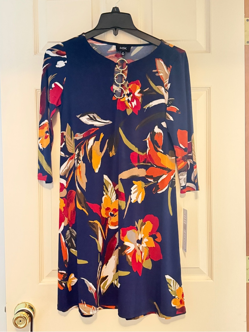 MSK Navy Multicolor Floral Ring-Detail Long Sleeve Dress